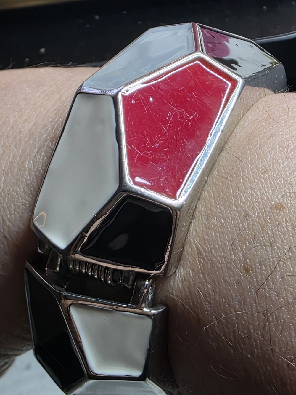 Geometric Enamel Hinged Bangle Bracelet Red Black White Silver Tone - Picture 9 of 9